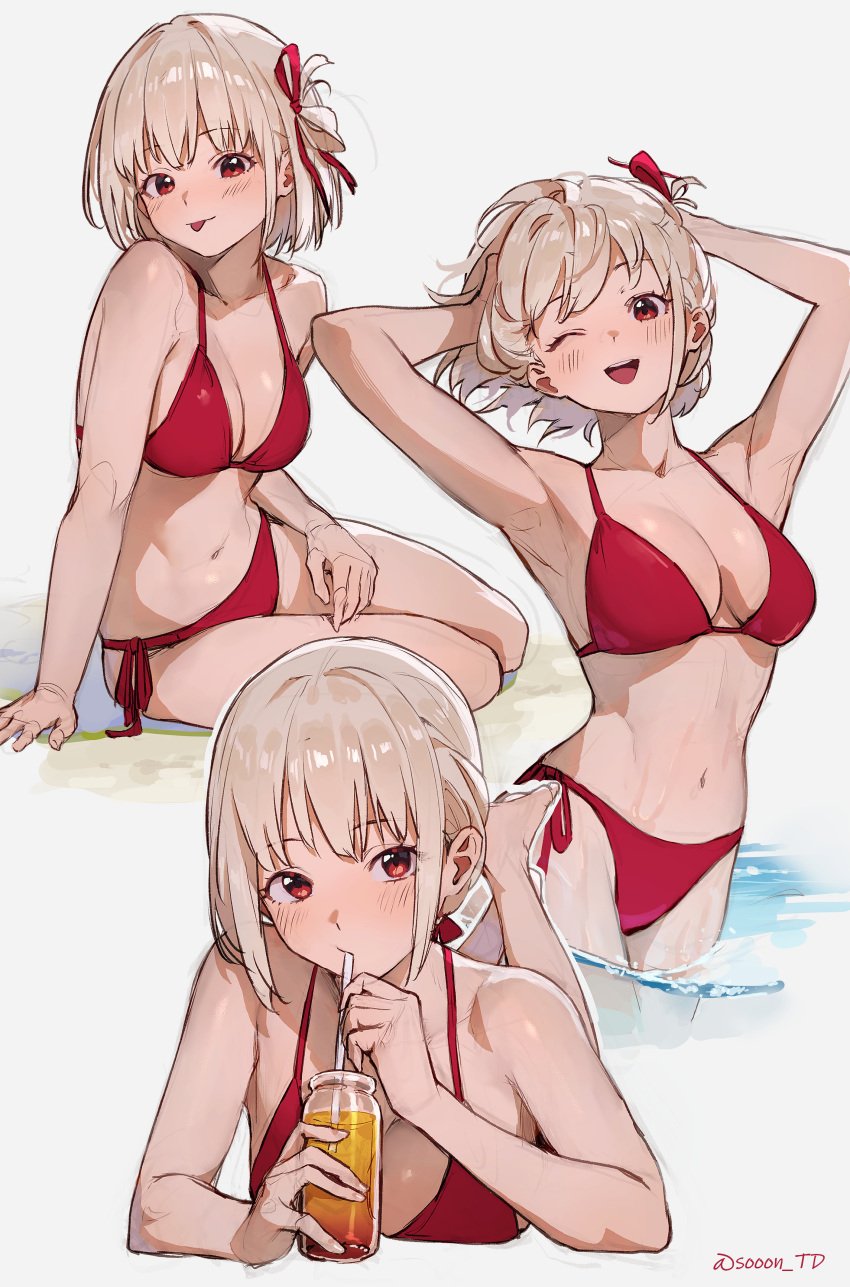 :p ;d absurd_res absurdres armpits arms arms_up bare_arms bare_legs bare_midriff bare_shoulders bare_thighs barefoot belly belly_button bikini bikini_bottom bikini_top blonde_female blonde_hair blonde_hair_female blush blush_lines bottle breasts cleavage cowboy_shot drinking drinking_straw drinking_straw_in_mouth female female_only fingers groin hair_ribbon hand_on_thighs hands hands_on_head hands_up hi_res high_resolution highres knees large_breasts laying_down laying_on_breasts laying_on_stomach legs lycoris_recoil lying midriff multiple_views naked navel neck nishikigi_chisato nude on_stomach one_eye_closed open_mouth red_bikini red_bikini_bottom red_bikini_top red_eyes red_eyes_female red_swimsuit red_swimwear short_hair shoulders sideboob sitting sitting_on_floor smile sooon standing stomach straw swimsuit swimwear thighs tongue tongue_out wading waist water