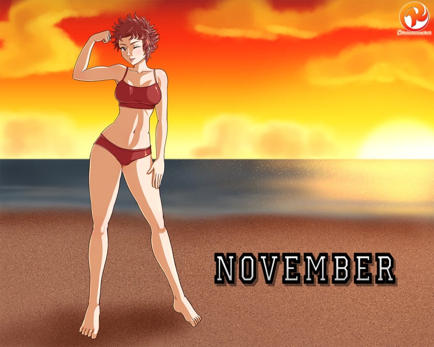 1girls ;) alternate_costume barefoot beach bikini breasts female female_only fire_emblem fire_emblem_awakening flexing navel nintendo ocean one_eye_closed red_bikini red_hair red_swimsuit reit sand short_hair sky solo sports_bikini sully_(fire_emblem) sunset swimsuit water wink