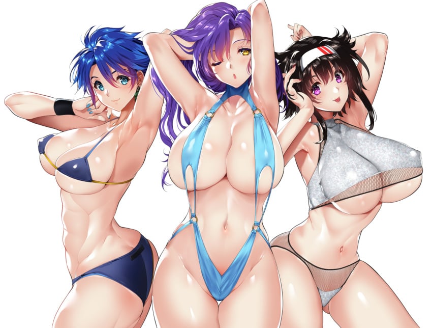 3girls abs armpits arms_up ass bangs bikini blue_eyes blue_hair breasts brown_hair cleavage closed_mouth collarbone commentary covered_nipples earrings female female_only fingernails gradient gradient_hair hair_ornament hairband highleg highleg_swimsuit jewelry large_breasts long_hair looking_at_viewer multicolored_hair multiple_girls nail_polish navel o-ring o-ring_swimsuit one-piece_swimsuit one_eye_closed open_mouth original purple_eyes purple_hair shiny shiny_clothes shiny_hair shiny_skin short_hair simple_background smile stomach summer swimsuit tamiya_akito thighs tongue tongue_out white_background wristband yellow_eyes