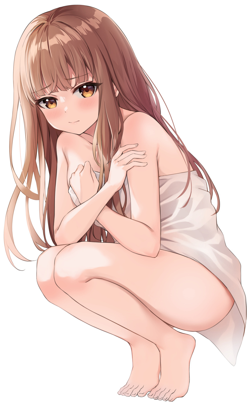 1girls ass bare_arms bare_ass bare_legs bare_shoulders bare_thighs barefoot blush blush brown_eyes brown_eyes_female brown_hair brown_hair_female collarbone covering covering_breasts covering_self dot_nose elbows embarrassed embarrassed_female feet female female_focus female_only fingernails fingers frown frown_eyebrows frowning full_body hair_between_eyes high_resolution highres hosh iino_miko kaguya-sama_wa_kokurasetai_~tensai-tachi_no_renai_zunousen~ knees legs light_skin lips long_hair looking_at_viewer shoulders simple_background slender_body slender_waist slim_girl slim_waist solo squatting student teenager thick_ass thick_thighs thighs thin_waist toes towel towel_around_waist towel_only towel_over_breasts towel_wrap white_background