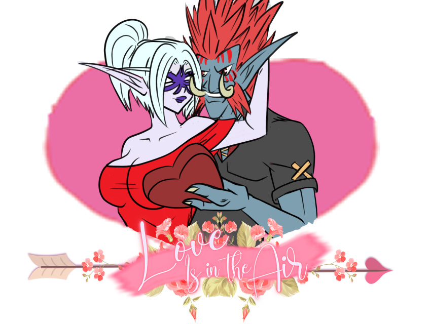 2024 2d candy darkspear_troll dress elf elf_ears female glowing_eyes night_elf pointy_ears red_dress red_hair tahk_(artist) troll troll_(warcraft) valentine's_day warrior white_hair world_of_warcraft