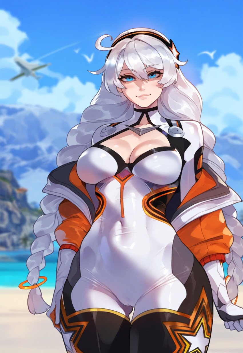 1girls ai_generated beach blue_eyes bodysuit braid braided_hair braided_twintails cleavage deep_cleavage female female_focus female_only floox honkai_(series) honkai_impact_3rd jacket kiana_kaslana kiana_kaslana_(white_comet) large_breasts light-skinned_female light_skin long_hair looking_at_viewer off_shoulder open_jacket smile smiling smiling_at_viewer tagme teasing tight_bodysuit tight_clothes tight_clothing tight_fit white_hair