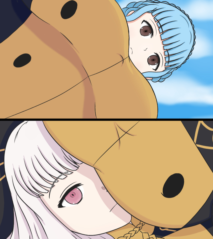 2girls 2koma blue_hair breasts brown_eyes crossover female female_only female_pov fire_emblem fire_emblem:_three_houses garreg_mach_monastery_uniform grey_hair lap_pillow large_breasts lysithea_von_ordelia marianne_von_edmund meme nintendo pink_eyes pov sixtybuzzer viewed_from_below viewer_lap_pillow