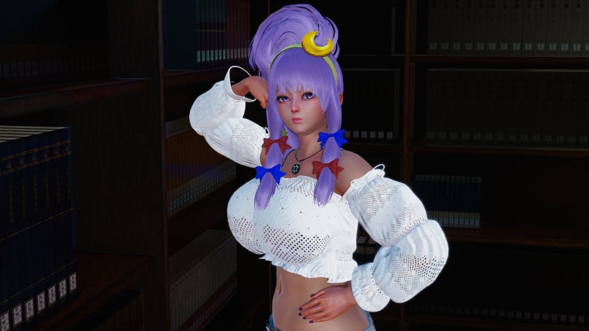 3d bimbo bimbo_body huge_ass huge_breasts midriff motor_okaki navel patchouli_knowledge thick_thighs touhou wide_hips