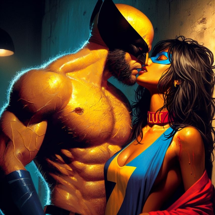 1boy 1girls age_difference ai_edit ai_generated almost_kissing blood brown_eyes brown_hair brown_skin bullet_wound choker cleavage dark-skinned_female eyemask interracial jacket kamala_khan logan_(x-men) long_hair marvel marvel_comics mask masked masked_male ms._marvel muscular_male muslim_female older_male older_man_and_teenage_girl pakistani_female sideboob superhero superheroine topless topless_male wolverine_(x-men) x-men younger_female