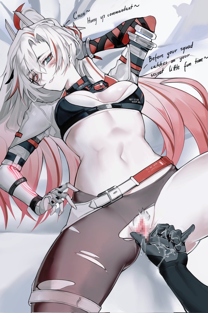 abs breasts censored finger_fuck fingering fluids lucia:_crimson_weave_(punishing:_gray_raven) me1 punishing:_gray_raven ripped_clothing thighs white_hair