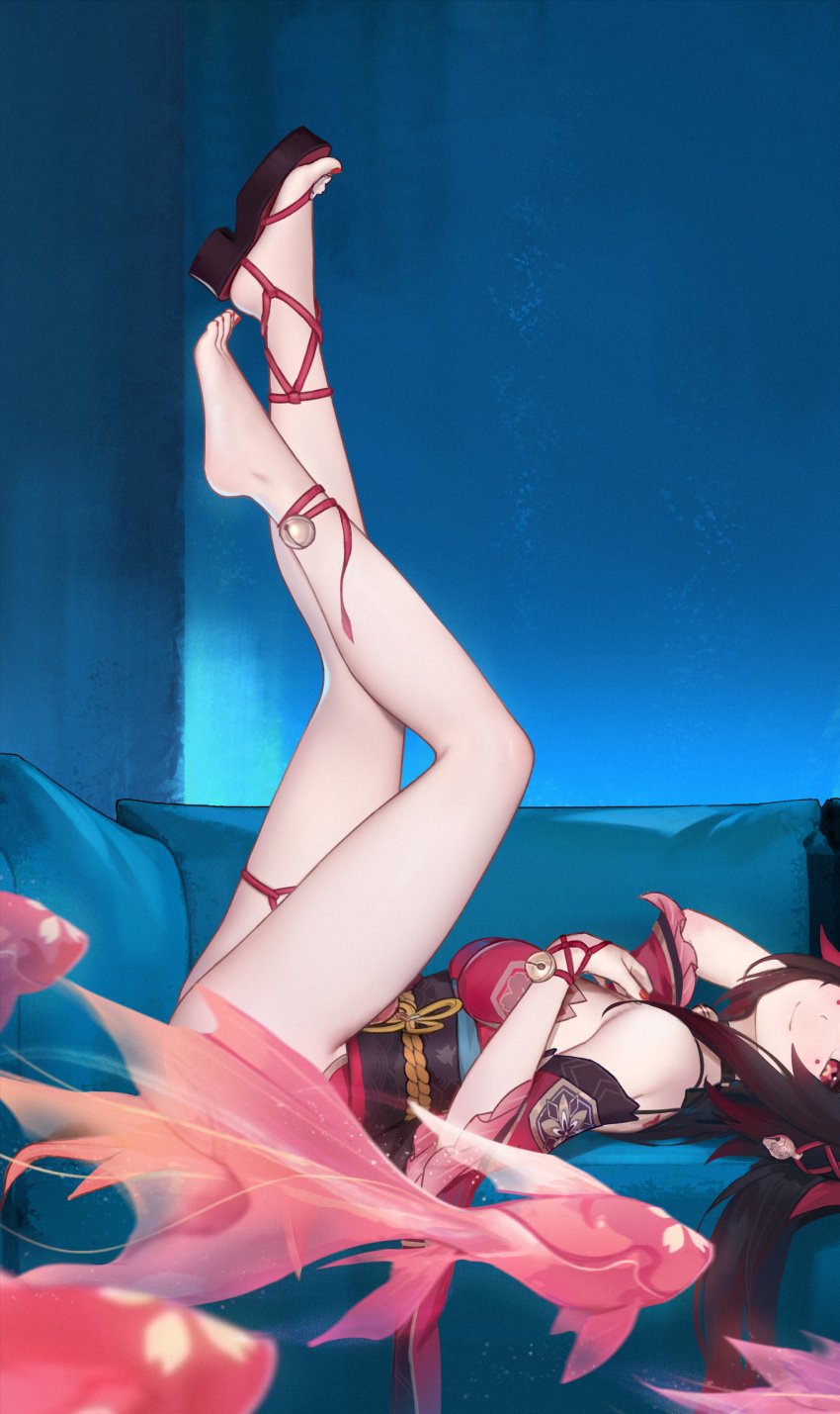 1girls ankle_ribbon ankles ass barefoot barre_soles bells blush blushing_at_viewer breasts brown_hair feet feet_fetish female fish foot_fetish hi_res high_resolution highres hle honkai:_star_rail honkai_(series) hoyoverse lace laying_down laying_on_back le_(huanglongen) legs long_legs mihoyo painted_nails painted_toenails red_eyes shoes shoes_removed shoulders sideboob smile smiling_at_viewer sparkle_(honkai:_star_rail) thick_thighs thighs toes twintails