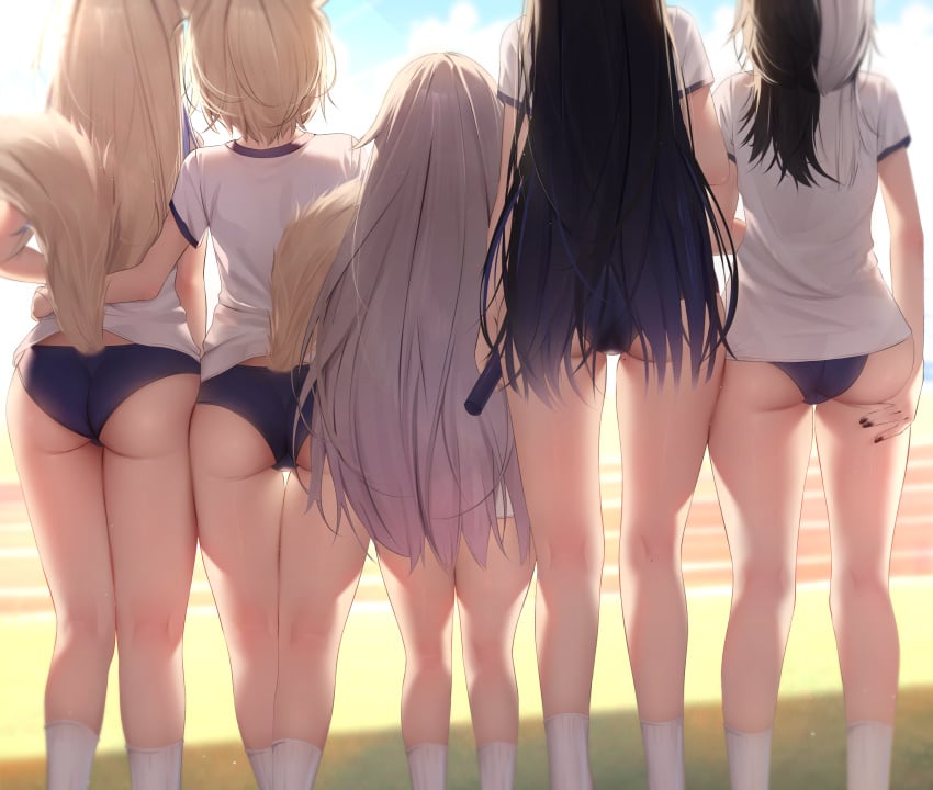 5girls anklehighs ass black_hair blonde_hair bloomers breasts buruma crew_socks female female_only fuwamoco fuwawa_abyssgard gym_clothes gym_uniform height_difference hololive hololive_english hololive_english_-advent- kemonomimi koseki_bijou large_ass light-skinned_female light_skin long_hair mococo_abyssgard nerissa_ravencroft prab shiori_novella short_hair sisters socks sportswear tail thigh_gap two_tone_hair virtual_youtuber white_hair white_socks