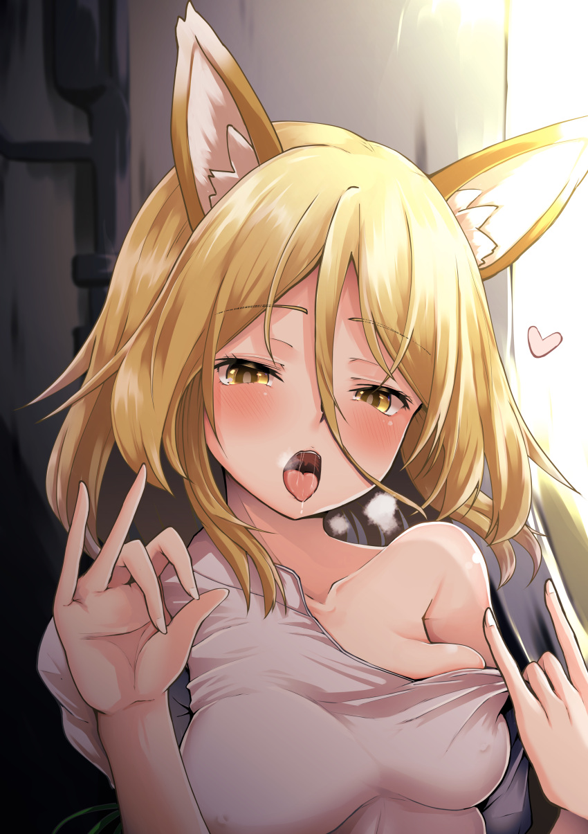 absurdres animal_ears blonde_hair blush breasts collarbone covered_erect_nipples female fox_ears hair_between_eyes heart highres kamunika kudamaki_tsukasa medium_breasts open_mouth romper short_hair solo touhou upper_body white_romper yellow_eyes yellow_eyes_female