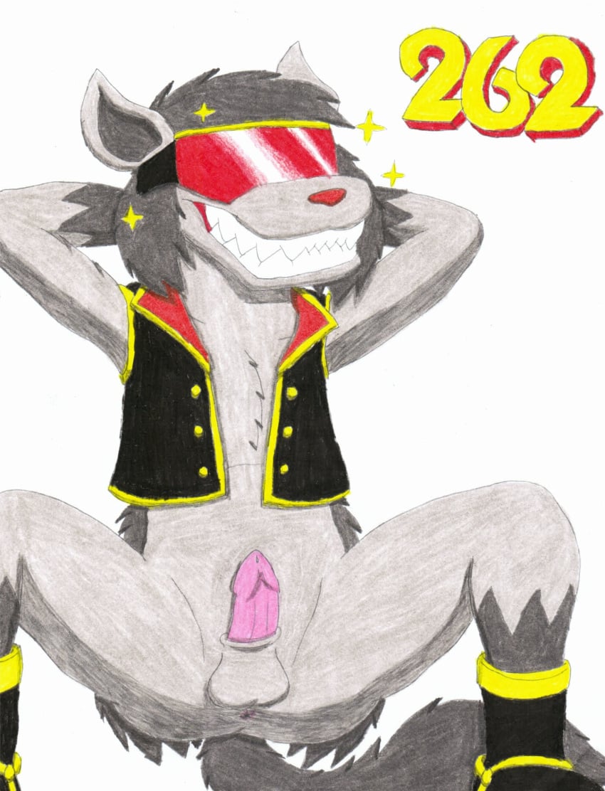 2022 anthro anthrofied anus ass balls black_body black_fur boots bottomless canid canine clothed clothing colored_pencil_(artwork) crouching erection eyewear footwear fur generation_3_pokemon genitals grey_body grey_fur hair hands_behind_head hi_res male male_focus mammal mightyena mostly_nude multicolored_body multicolored_fur nintendo nude open_clothing penis pokemon pokemon_(species) pokemorph presenting presenting_anus presenting_balls presenting_crotch presenting_penis simple_background smile solo solo_focus sunglasses tail teeth topwear traditional_media_(artwork) two_tone_body two_tone_fur ultimatepokemorphs vest white_background