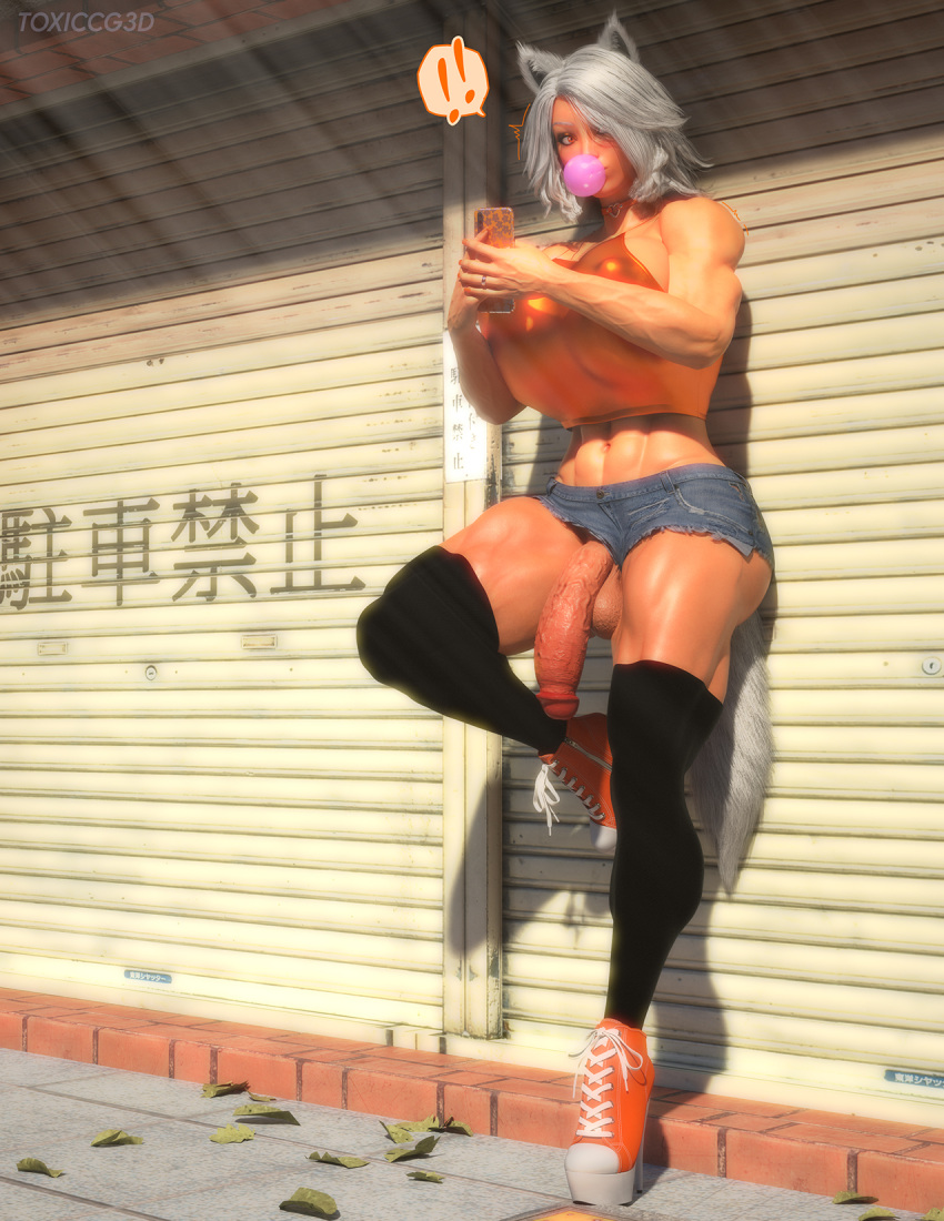 1futa 3d alternate_version_available athletic_futanari balls big_breasts breast_implants busty dickgirl fake_breasts fox_ears fox_tail futa_only futanari heels high_heel_sneakers high_heels hourglass_figure kanna_morikawa_(toxiccg3d) kitsune muscles muscular orange_eyes penis phone pinup shorts testicles thighhighs toxiccg3d veiny_penis white_hair