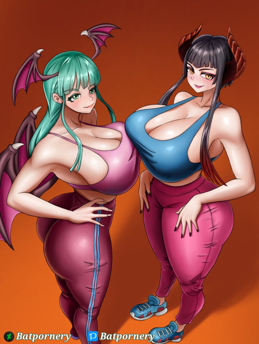 2girls absurdres armpits ass asymmetrical_docking bare_shoulders bat_wings batpornery big_ass big_breasts black_hair black_nails blue_bra blue_footwear bra breast_press breasts breasts_bigger_than_head capcom capri_pants cleavage collarbone commentary crossover darkstalkers demon_girl demon_horns eliza_(tekken) english_commentary female female_focus female_only from_above from_side gradient_background gradient_hair green_eyes green_hair hand_on_own_hip head_wings highres hime_cut horns huge_ass huge_breasts large_ass large_breasts lips long_hair low_wings midriff morrigan_aensland multicolored_hair multiple_girls namco orange_background pants perspective pink_bra pink_pants shadow shoes short_hair_with_long_locks sidelocks simple_background slit_pupils sports_bra succubus succubus_wings tekken tekken_8 thick_thighs thighs underwear v-shaped_eyebrows vampire vampire_(game) wide_hips wings yellow_eyes