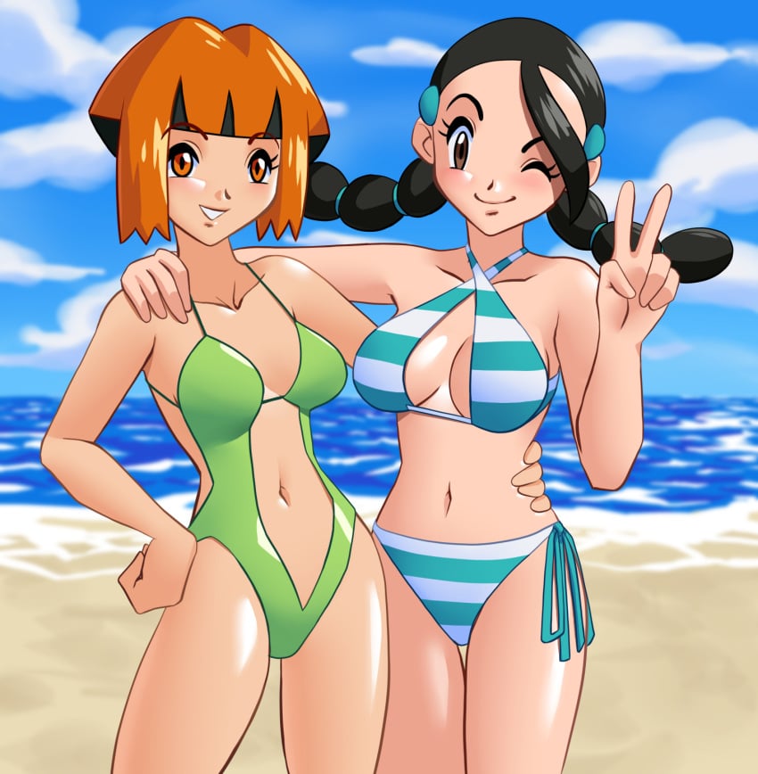 2girls bikini black_hair breasts candice_(pokemon) enessef-uu female female_focus female_only gardenia_(pokemon) green_one-piece_swimsuit green_swimsuit gym_leader large_breasts looking_at_viewer navel nintendo one-piece_swimsuit orange_hair peace_sign pokemon pokemon_dppt short_hair short_orange_hair striped_bikini swimsuit two_piece_swimsuit wink