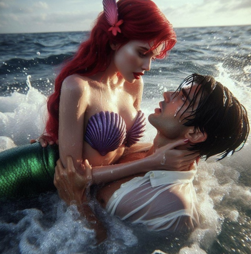 ai_generated ariel ariel_(the_little_mermaid) breasts disney disney_princess female green_tail long_hair mermaid red_hair seashell_bra the_little_mermaid