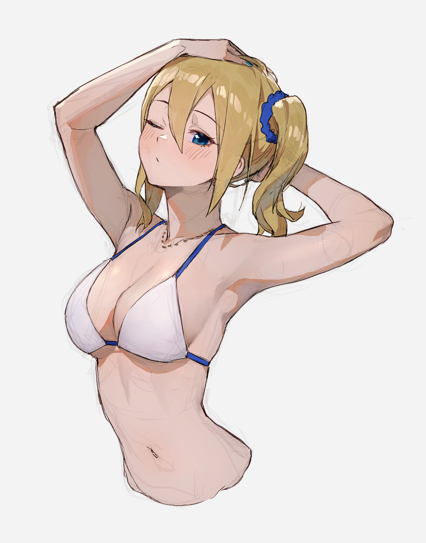 1girls armpits arms_above_head arms_up bare_arms bare_midriff bare_shoulders belly belly_button bikini blonde_female blonde_hair blonde_hair_female blue_eyes blue_eyes_female blush blush_lines breasts cleavage closed_eyes collarbone dot_mouth dot_nose elbows female female_focus female_only fingernails fingers hair_between_eyes hands_above_head hands_on_head hands_up hayasaka_ai high_resolution highres kaguya-sama_wa_kokurasetai_~tensai-tachi_no_renai_zunousen~ light_skin long_hair looking_at_viewer medium_breasts navel neck necklace one_eye_closed shoulders side_ponytail sideboob sidelocks simple_background slender_body slender_waist slim_girl slim_waist solo sooon string_bikini stroking_hair student swimsuit swimwear teenager thin_waist torso upper_body white_background white_bikini white_bikini_top white_swimsuit white_swimwear