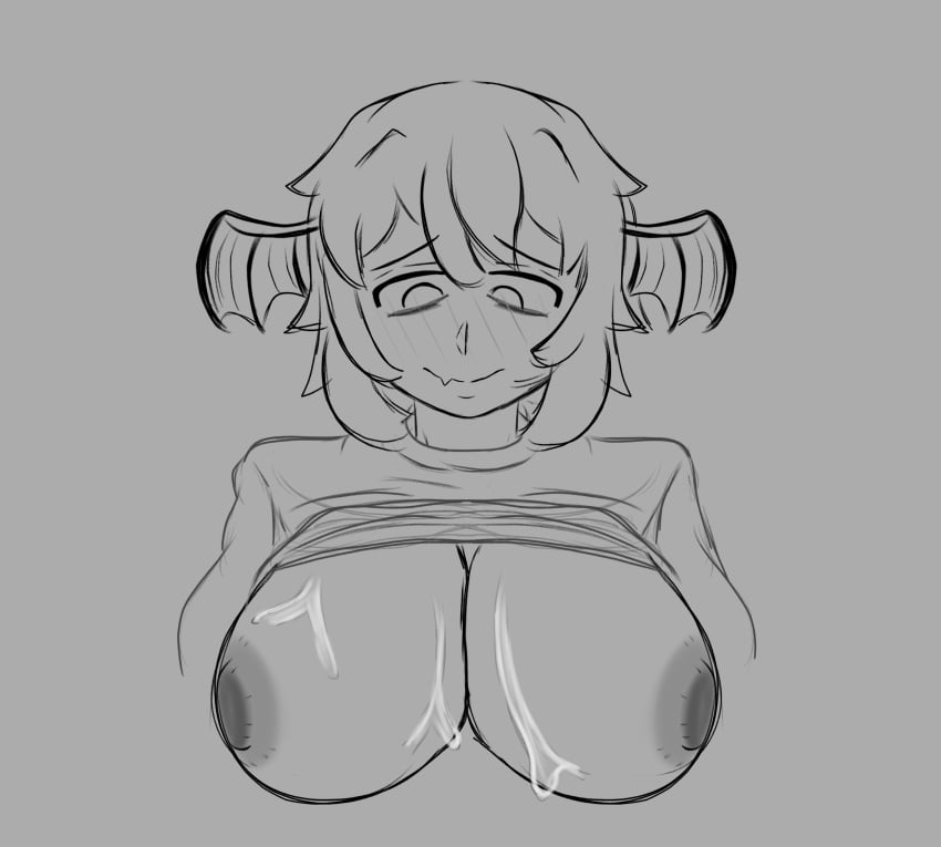 big_areola big_breasts big_nipples cum cum_on_breasts cute_fang demon demon_girl demon_horns female grin huge_breasts monochrome oc original_character short_hair sweater yomiee