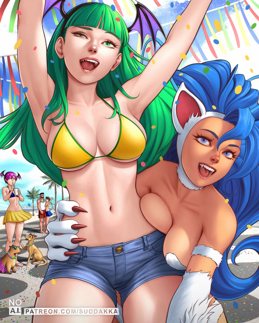 1boy 2animals 4girls arms_up big_breasts bikini_top blue_eyes blue_hair brazil brazilian breasts capcom capybara cat_ears catgirl character_in_background crossover darkstalkers fangs felicia female female_only green_eyes green_hair hi_res jean_shorts large_breasts lilith_aensland long_hair looking_at_viewer morrigan_aensland multiple_girls one_eye_half-closed outdoors purple_hair ryu_(street_fighter) sakura_kasugano shorts skirt smiling smiling_at_viewer street_fighter succubus suddakka