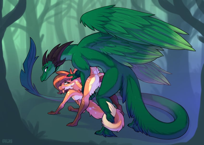 2021 anthro anthro_on_feral anthro_penetrated bent_over bodily_fluids digital_media_(artwork) dragon duo feathered_wings feathers female female_penetrated feral feral_penetrating feral_penetrating_anthro forest furred_kobold genital_fluids genitals green_wings hi_res hybrid kobold looking_pleasured male male/female male_penetrating male_penetrating_female penetration penile penile_penetration penis penis_in_pussy phluks phoksi_(phluks) plant pussy pussy_juice sex tail_wraps tree vaginal_penetration wings wraps yiff zoophilia