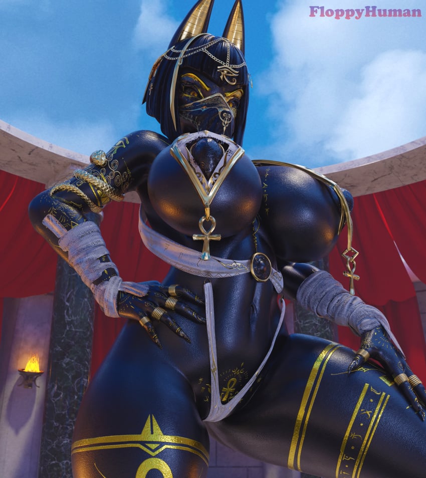 2023 3d absurd_res ankh anthro anubian_jackal anubis anubis_(bom39) arm_markings arm_wraps armlet artist_name big_breasts biped black_body black_hair black_nails black_nose black_sclera bom39 breast_curtains breasts butt_from_the_front camel_toe canid canine canis chain_jewelry chains claws cloud colored_nails curtains deity digit_ring digital_media_(artwork) egyptian egyptian_mythology eye_of_horus female finger_claws finger_ring floppyhuman furry genitals glistening glistening_breasts gold_(metal) gold_chain gold_jewelry gold_markings hair hand_on_hip hand_on_leg hand_on_thigh hi_res hieroglyphics huge_breasts jackal jewelry leg_markings light lighting looking_at_viewer looking_down looking_down_at_viewer mammal markings middle_eastern_mythology mythology nails navel nipple_piercing nipple_ring nippleless_clothing nipples outside piercing portrait pose pubic_tattoo pupils ring_piercing side_boob sky slit_pupils smile solo solo_anthro thick_thighs thigh_markings three-quarter_portrait three-quarter_view wraps yellow_eyes