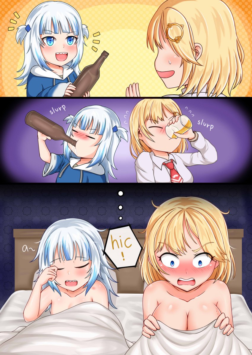 2girls a_(gawr_gura) after_sex bed bite_mark blonde_hair blue_eyes blush chira573 drinking drunk embarrassed eyebrows_visible_through_hair gawr_gura hololive hololive_english hololive_myth morning_after sharp_teeth thought_bubble virtual_youtuber watson_amelia white_hair yuri