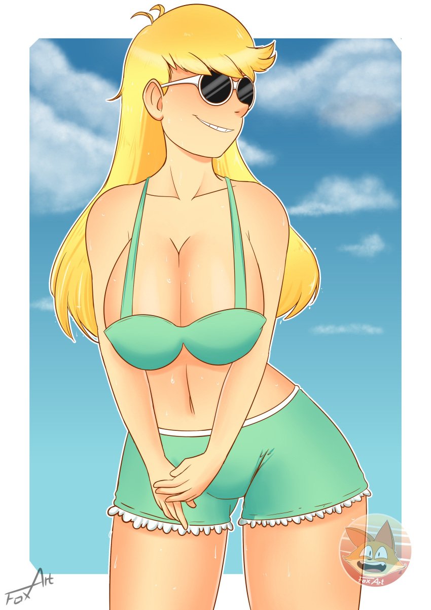 2019 big_breasts bikini bikini_top blonde_hair breasts cleavage female female_focus female_only foxart950 leni_loud long_hair looking_away nickelodeon shorts sky_background sunglasses the_loud_house thighs tinted_eyewear white_border