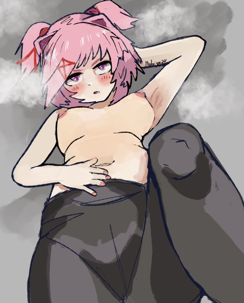 1female 1girls 2024 5_fingers armpit artist_name blush blush_lines blushing braless breasts cute_fang dated doki_doki_literature_club fang female female_focus female_only girl hair_intakes madorijpg natsuki_(doki_doki_literature_club) nipples no_bra no_top pink_eyes pink_hair solo solo_female solo_focus topless topless_female year