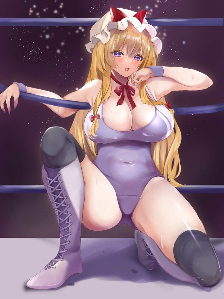 blonde_hair blush boots breasts cismlyri cleavage commission female hat highres kneeling large_breasts long_hair nail_polish one-piece_swimsuit open_mouth purple_eyes purple_nails skeb_commission solo sweat sweatband swimsuit thighs touhou touhou_tag_dream white_footwear white_headwear wrestling_outfit wrestling_ring yakumo_yukari yukari_yakumo