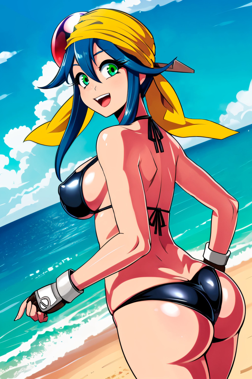 ai_generated android ass bandana beach big_ass big_breasts bikini bikini_bottom bikini_top black_bikini black_bikini_bottom black_bikini_top black_swimsuit blue_hair breasts bubble_butt female fingerless_gloves gloves green_eyes happy happy_female karentv30 large_ass large_breasts light-skinned_female light_skin lime_(saber_j) long_hair looking_at_viewer looking_back open_mouth saber_marionette_j swimsuit thick_thighs thighs wide_hips yellow_bandana