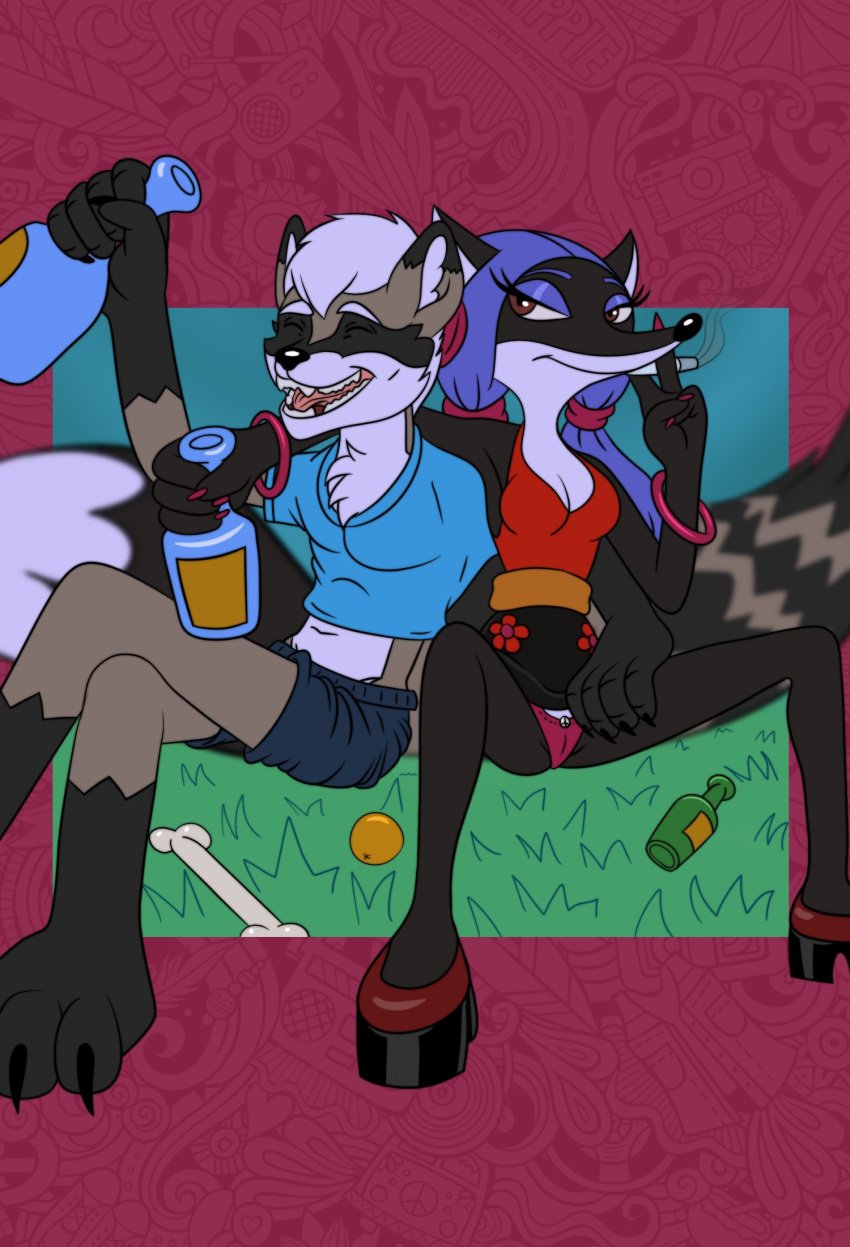 alcohol anthro beverage black_body black_fur blue_eyes blue_hair bottomwear bracelet breasts brown_eyes canid canine chest_tuft claws cleavage clothed clothing comic duo fangs female fox fur gloves_(marking) green_eyes grey_body grey_fur hair hi_res interspecies jewelry leg_markings liquor mammal markings metalslayer multicolored_body multicolored_fur on_the_forest_trail procyonid raccoon rave_raccoon russian russian_hippie_vixen skirt smile smoking socks_(marking) soviet_cartoon soyuzmultfilm tongue tuft two_tone_body two_tone_fur white_body white_fur white_hair