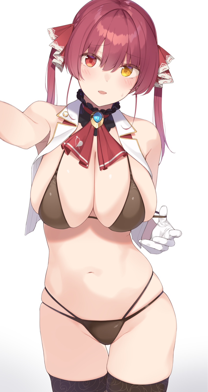 1girls big_breasts bikini bikini_bottom bikini_top black_bikini black_bikini_bottom black_bikini_top blush blush_lines breasts cleavage covered_nipples covered_pussy enosan female female_focus female_only gloves heterochromia hololive hololive_fantasy hololive_japan houshou_marine legwear looking_at_viewer red_eye selfie solo solo_female solo_focus standing virtual_youtuber white_gloves yellow_eye