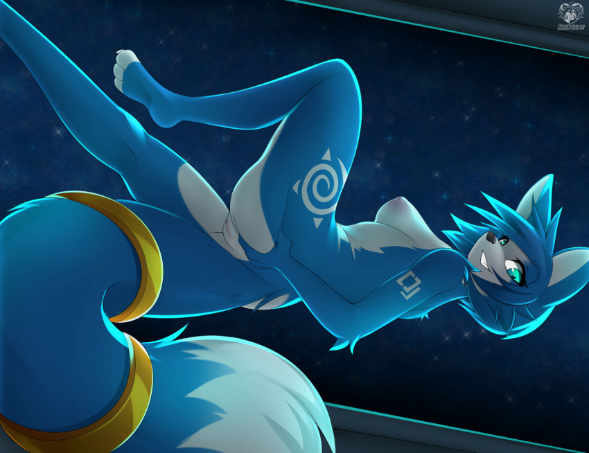 anthro ass blue_body blue_eyes blue_fur breasts butt_grab canid canine female floating fluffy fox fur genitals gold_(metal) hand_on_butt krystal looking_at_viewer looking_back mammal moonfluffmf nintendo presenting presenting_pussy pussy solo space star_fox tattoo white_body white_fur zero_gravity