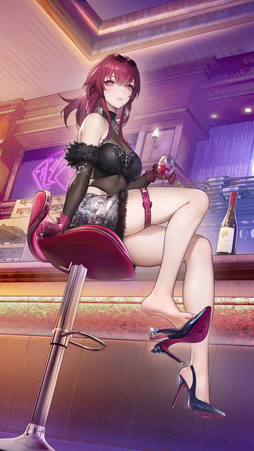 1girls ass bar bare_shoulders bare_soles barefoot black_clothes black_clothing blush blushing_at_viewer breasts dangling_shoe detached_sleeves feet feet_fetish female foot_fetish footwear_fetish garter garter_straps garters heels hi_res high_heels high_resolution highres hle honkai:_star_rail honkai_(series) kafka_(honkai:_star_rail) le_(huanglongen) legs long_legs ponytail purple_eyes purple_hair shoes shoes_removed shoulders sideboob sitting sitting_on_chair smile soles sunglasses sunglasses_on_head thick_thighs thighs toes