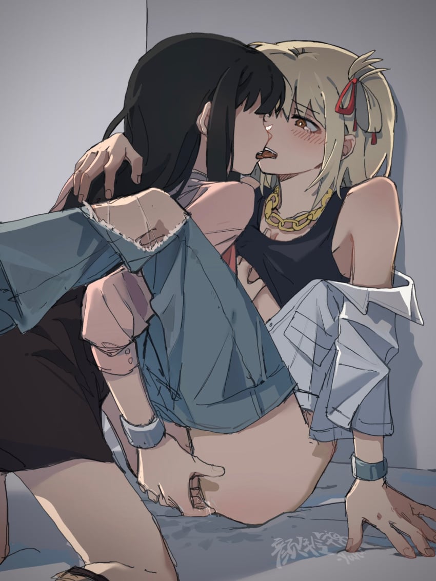 2girls bare_shoulders black_hair black_skirt black_sports_bra blonde_hair blush bracelet chain_necklace chinese_commentary commentary_request denim fingering french_kiss hair_ribbon hand_on_another's_shoulder highres indoors inoue_takina jeans jewelry kissing kneeling long_hair long_sleeves lycoris_recoil medium_hair multiple_girls necklace nishikigi_chisato off_shoulder pants pink_shirt pussy_juice red_eyes red_ribbon ribbon saliva shirt sitting skirt sports_bra tearing_up tongue tongue_out torn_clothes torn_pants white_shirt yanlingjinshilihuahua yuri