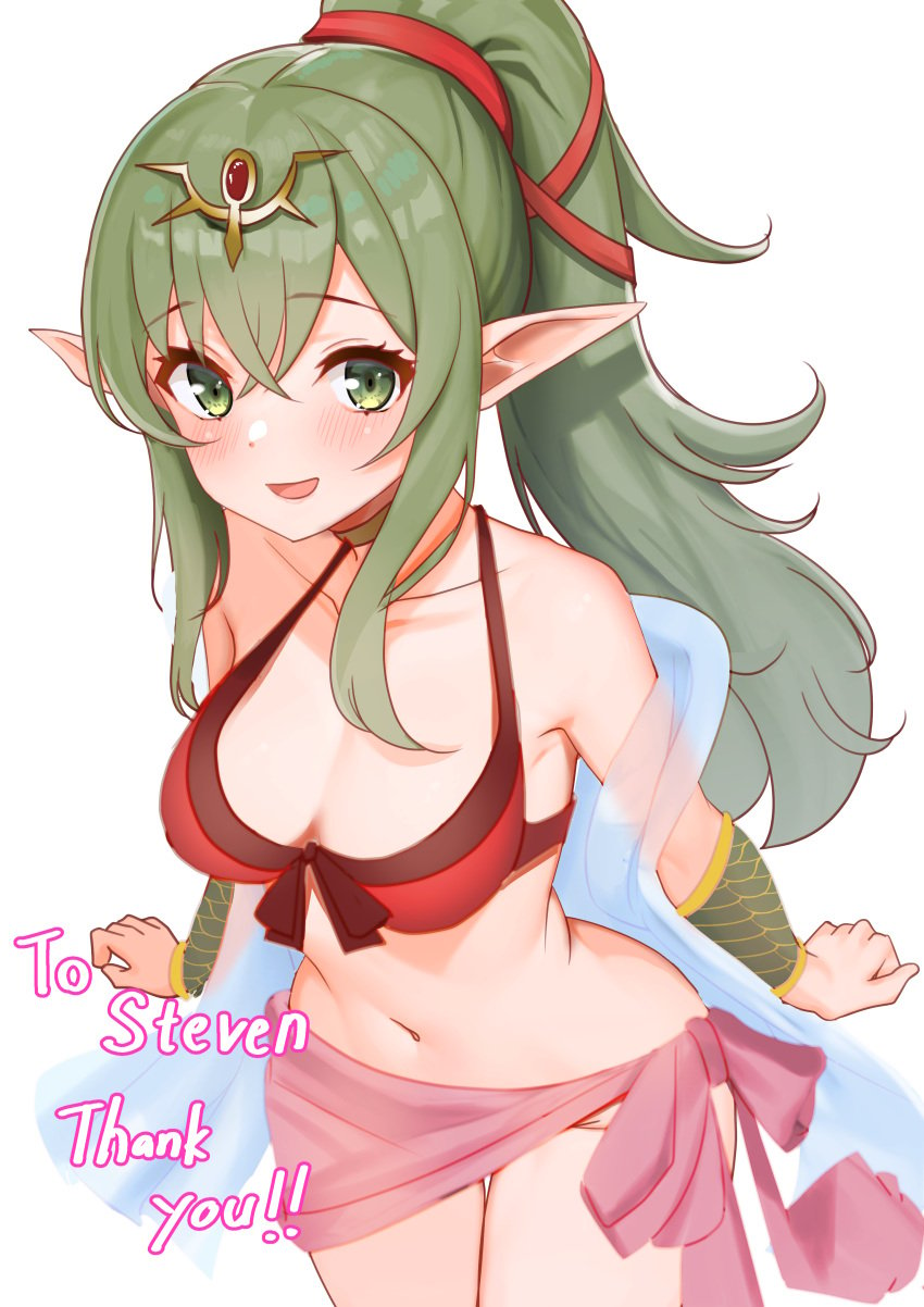 1girls :d alternate_costume bare_arms bare_midriff bare_shoulders bare_thighs bikini breasts cleavage collarbone female female_only fire_emblem fire_emblem_awakening fire_emblem_heroes got0_naisho green_eyes green_hair long_hair looking_at_viewer medium_breasts midriff nintendo official_alternate_costume open_mouth pointy_ears ponytail red_bikini red_swimsuit sarong shoulders smile solo swimsuit thank_you thighs tiki_(adult)_(fire_emblem) tiki_(adult)_(summer)_(fire_emblem) tiki_(fire_emblem) very_long_hair white_background