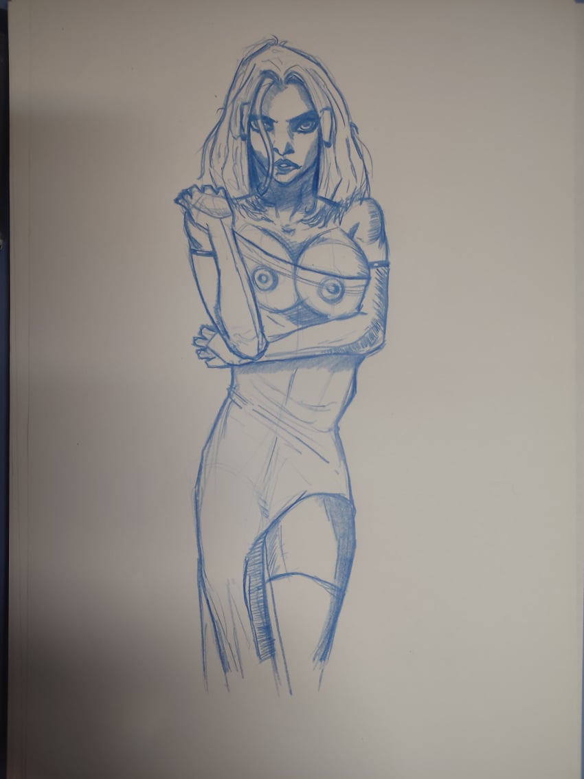 1girls blue_lines decfristoziii emma_frost female female_only looking_at_viewer marvel marvel_comics sketch traditional_media_(artwork) uncolored white_queen