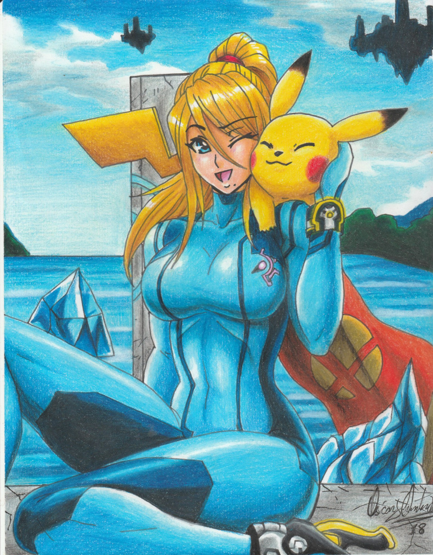 1boy 1girls 2018 beauty_mark big_breasts blonde_hair female male metroid nintendo not_porn one_eye_closed open_mouth pencil_(artwork) pikachu pokémon_(species) pokemon ponytail ravern_clouk samus_aran smile super_smash_bros. super_smash_bros._brawl super_smash_bros._for_nintendo_3ds_and_wii_u thick_thighs thighs tight_clothing traditional_media_(artwork) wholesome zero_suit zero_suit_samus