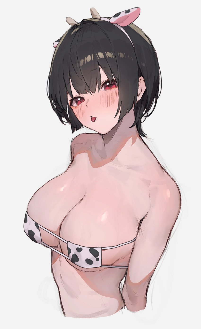 absurd_res absurdres animal_ears animal_print bare_arms bare_midriff bare_shoulders belly bikini black_hair black_hair_female blush blush blush_lines breasts cleavage collarbone cow_ears cow_print cow_print_bikini eyepatch_bikini fake_animal_ears female head_tilt high_resolution highres looking_at_viewer medium_breasts micro_bikini midriff naked nape neck nude original print_bikini red_eyes red_eyes_female shiny_hair shiny_skin short short_hair shoulders sideboob simple_background slender_body slender_waist slim_girl slim_waist solo sooon swimsuit thin_waist tilted_head tongue tongue_out upper_body very_short_hair waist white_background