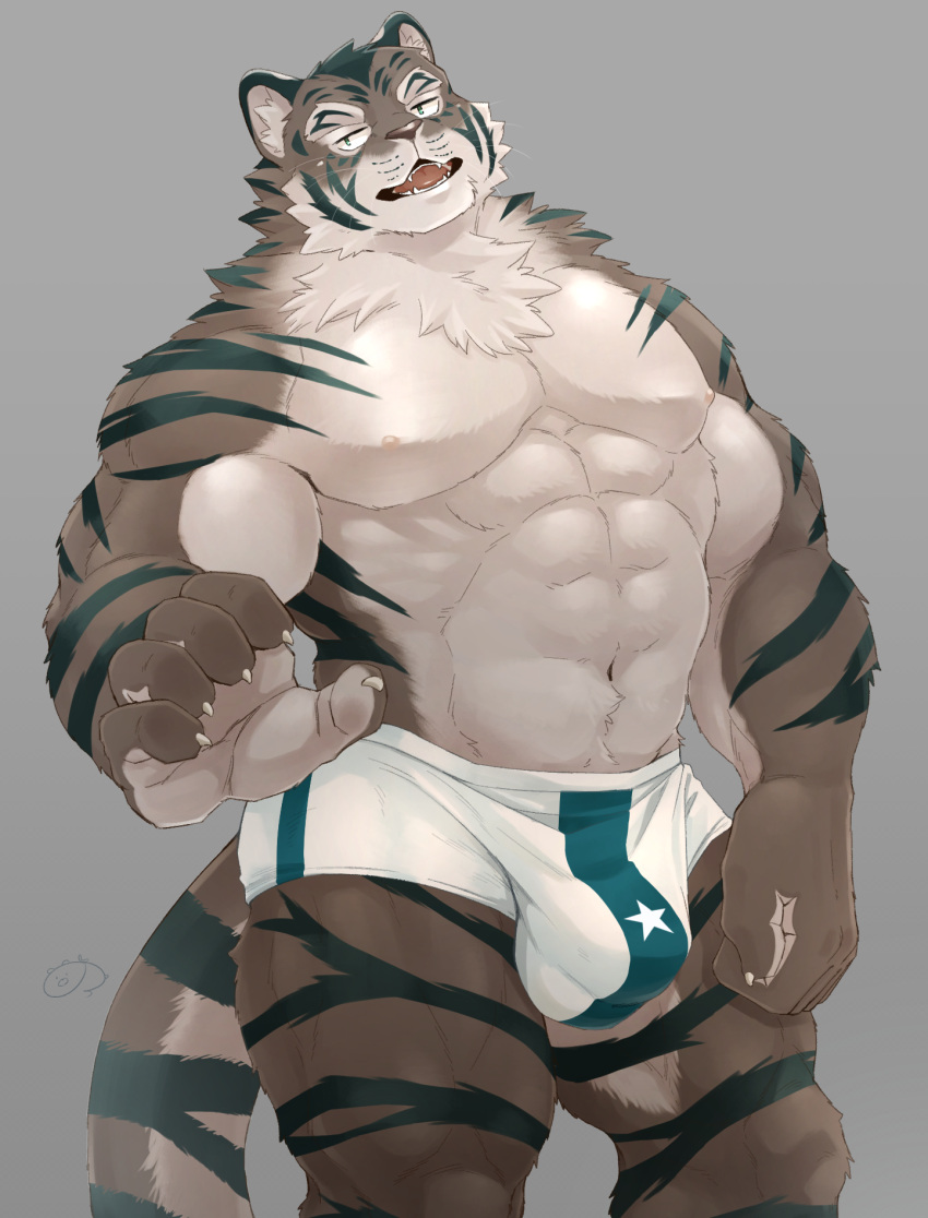 2021 anthro barazoku biped bodily_fluids bulge felid feline furry glistening glistening_arms glistening_body highres humanoid_hands kemono kumao male male_only mammal muscular muscular_male navel portrait shaded signature simple_background soft_shading solo standing sweat three-quarter_portrait underwear