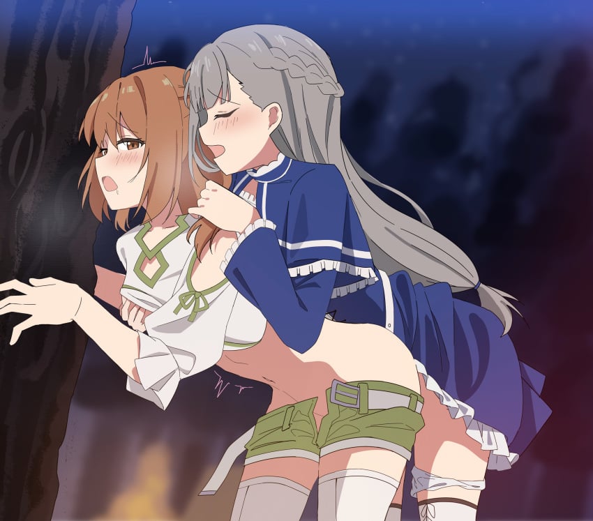 2girls ass belt blue_dress blurry blurry_background blush brown_eyes brown_hair closed_eyes commentary_request dress drool female_only forest french_braid grabbing grabbing_another's_breast gray_hair green_shorts grey_belt grey_hair groping highres holding_another's_hair human implied_futanari implied_penetration implied_sex kanne_(sousou_no_frieren) lawine_(sousou_no_frieren) leaning_forward leaning_on_object lifted_by_another lifted_dress lifted_shirt long_hair looking_back looking_pleasured multiple_girls nature navel night night_sky open_belt open_fly open_mouth outdoors panties panties_around_one_leg sex sex_from_behind shirt short_hair shorts sky soha_(sirohase) sousou_no_frieren star_(sky) starry_sky thighhighs thighs tree twitching underwear white_panties white_shirt white_thighhighs yuri