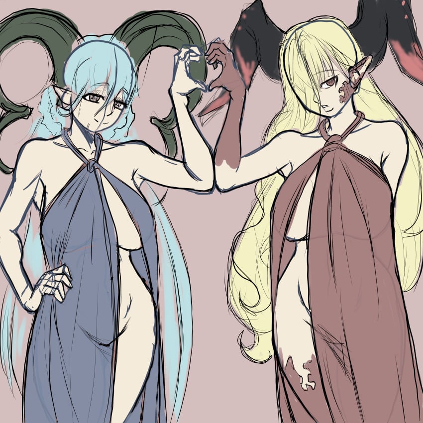 big_breast blonde_hair dragon_horns fate/grand_order fate_(series) fgo goat_horns horns larva_tiamat_(fate) ndahbear nero_claudius_(fate) oyakodon partially_clothed queen_draco_(fate) red_eyes scales silver_hair tiamat_(fate) underboob