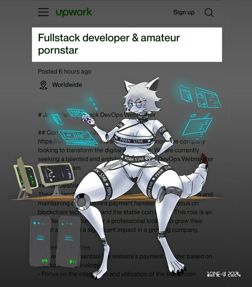 10ne-v absurd_res alexa_(10ne-v) anthro big_breasts breasts canid canine clothing computer electronics eyewear female fox genitals glasses grey_hair hair hi_res hologram living_machine looking_at_viewer machine mammal meme meme_clothing pornstar_(meme) pussy robot solo spreading