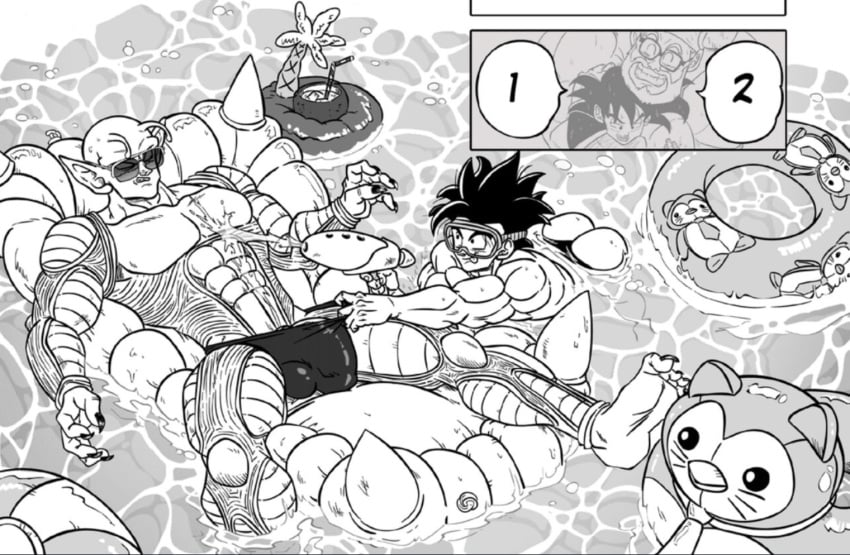 alien annoyed bara big_penis black_and_white black_nails bulge dragon_ball dragon_ball_z flaccid galaxycoop galaxycoopz gay male_only monochrome muscle muscles muscular muscular_male namek namekian piccolo pool poolside shirtless son_gohan sunglasses swimming_pool swimsuit water water_pistol wet