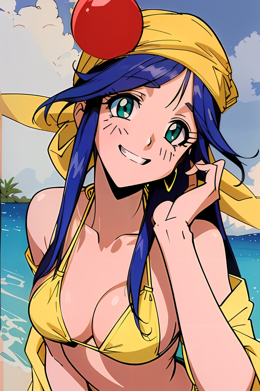 ai_generated aiart_susi android bandana beach big_breasts bikini bikini_bottom bikini_top blue_hair breasts female green_eyes happy happy_female large_ass large_breasts light-skinned_female light_skin lime_(saber_j) long_hair looking_at_viewer open_mouth saber_marionette_j swimsuit yellow_bandana yellow_bikini yellow_bikini_bottom yellow_bikini_top yellow_swimsuit