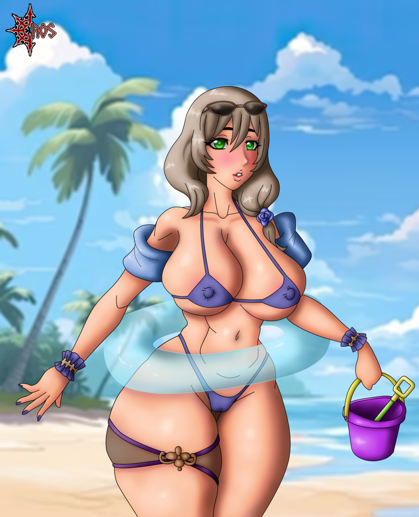 1girls beach big_ass big_boobs big_breasts big_butt big_thighs big_waist bikini brown_hair caosenriqueart female genshin_impact green_eyes lisa_(genshin_impact) solo