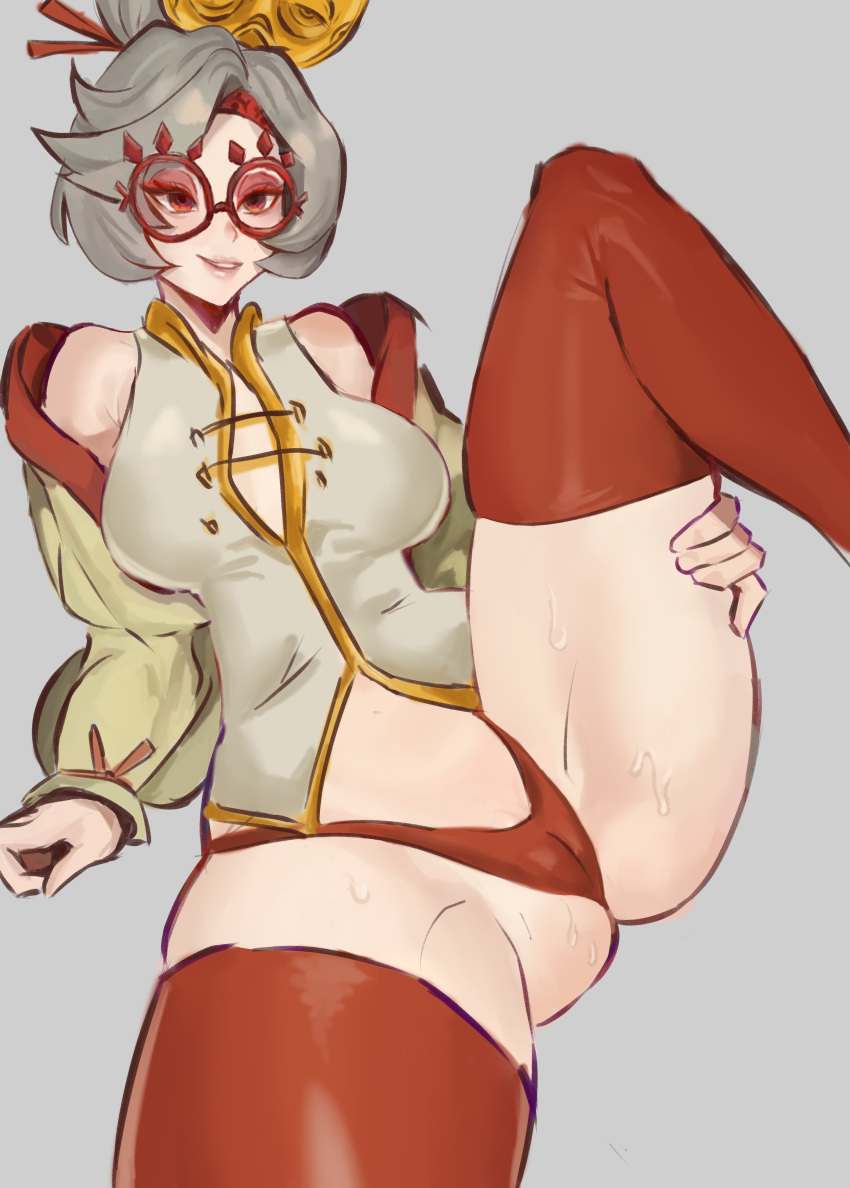 clothed drawn glasses holding_leg_up image legs_apart looking_at_viewer nillnsfw nintendo purah purah_(tears_of_the_kingdom) red_eyes red_eyeshadow red_glasses solo_female solo_focus tears_of_the_kingdom the_legend_of_zelda thighhighs white_hair