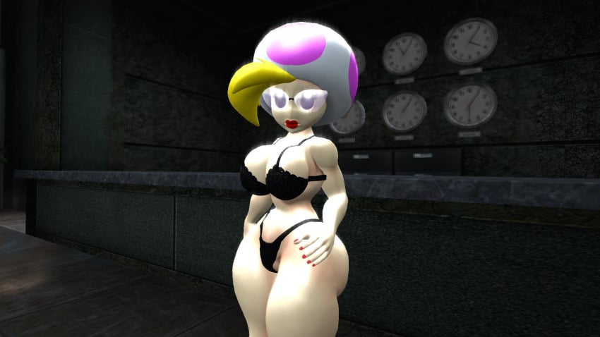 1girls 3d 3d_(artwork) alternate_version_available big_breasts big_thighs black_bra black_eyes black_lingerie black_panties blonde_hair bra breasts cleavage curvy female female_only glasses hand_on_hip humanoid jolene_(paper_mario) light-skinned_female light_skin lingerie lips lipstick looking_at_viewer mario_(series) mature_female mushroom_humanoid nail_polish nintendo no_nose panties paper_mario red_lipstick red_nail_polish red_nails solo thhypercombine thhypercombine12 thick thick_hips thick_thighs thighs wide_hips