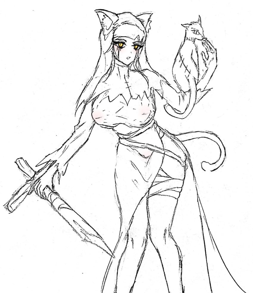 1girls ann_(identity_v) bandage bandages big_breasts breasts cat_ears cat_tail covered_nipples covered_pussy feline female identity_v looking_at_viewer monochrome robe sketch solo standing tail weapon white_background yellow_eyes zomjam