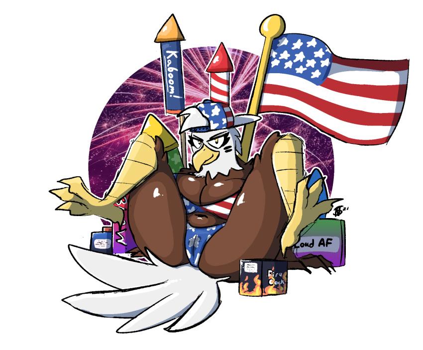 2021 4_toes 4th_of_july accipitrid accipitriform american_eagle american_flag american_flag_bikini anisodactyl anthro avian backwards_hat bald_eagle beak belly big_breasts bikini biped bird bird_feet black_eyebrows black_eyelashes bodily_fluids bottomwear breasts brown_body brown_feathers cameltoe claws cleavage clothed clothing crazed-xeno curvy_figure dated digital_media_(artwork) digitigrade eagle english_text eyebrows feathers feet female fireworks front_view fully_clothed genital_fluids hi_res huge_breasts huge_thighs looking_at_viewer midriff multicolored_body multicolored_feathers non-mammal_breasts pussy_juice pussy_juice_through_clothing scutes sea_eagle shaded signature sitting skimpy slightly_chubby smile smiling_at_viewer smirk solo spread_legs spreading swimwear tail_feathers talons text thick_thighs toe_claws toes topwear two_tone_body two_tone_feathers voluptuous wet wet_clothing white_body white_feathers white_tail yellow_beak yellow_claws yellow_eyes