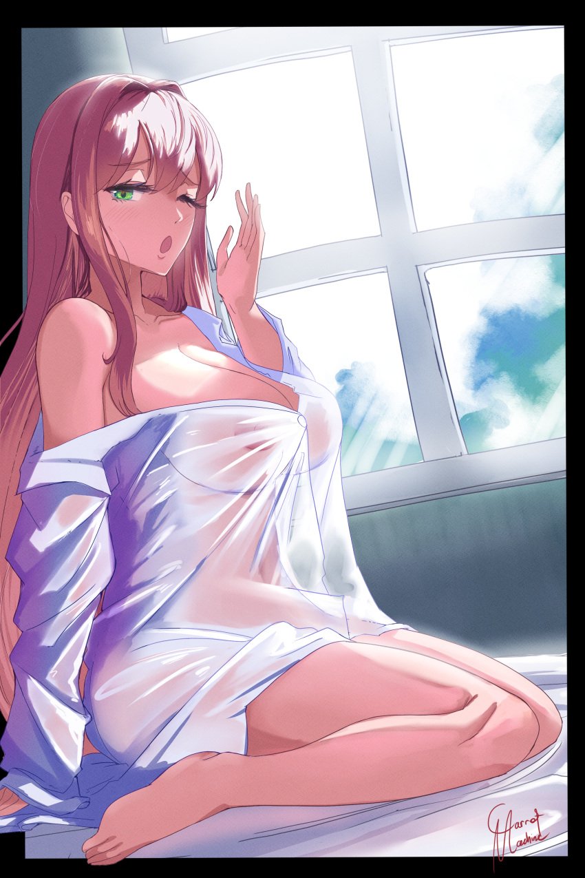 1girls areolae bed_sheet brown_hair carmach101 clothed_female doki_doki_literature_club female female_only green_eyes long_hair monika_(doki_doki_literature_club) nipples_visible_through_clothing open_mouth oversized_clothes see-through_clothing yawn