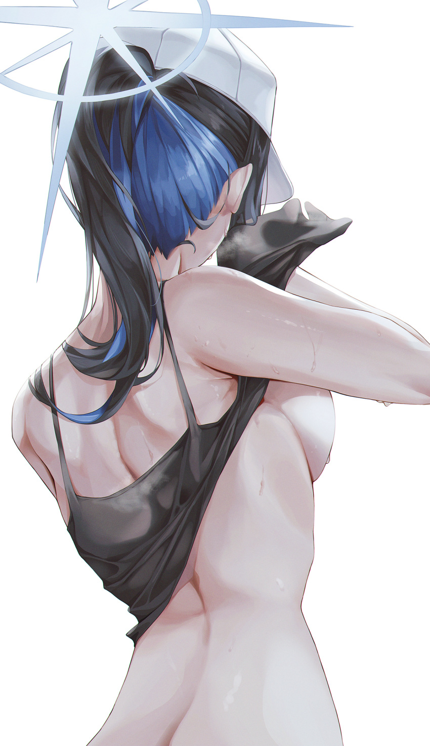 1girl 1girls arius_satellite_school_student arius_squad_(blue_archive) black_hair blue_archive blue_hair cap female female_focus female_only halo large_breasts lifting lifting_shirt light-skinned_female light_skin long_hair moda_(mo_da_3) multicolored_hair ponytail saori_(blue_archive) sideboob sports_bra sportswear steam steaming_body steamy_breath sweat sweatdrop sweating sweaty sweaty_body tagme tank_top two_tone_hair viewed_from_behind